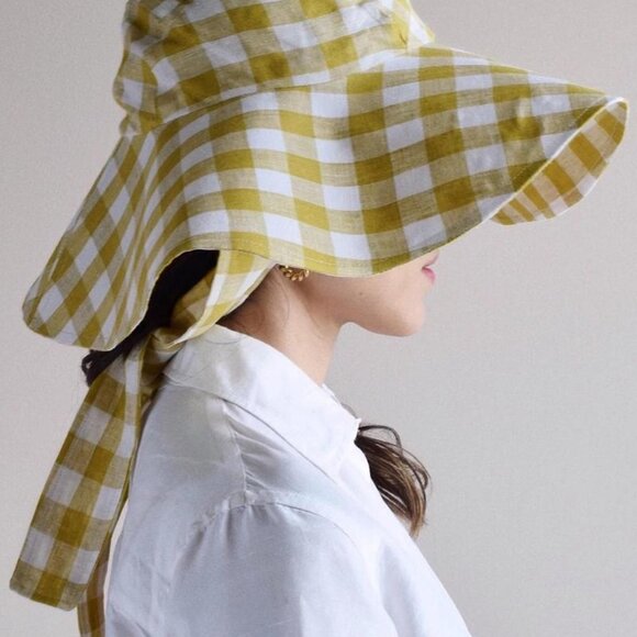 Bien Fifi Olive Gingham Cotton/Linen Tie Sunhat - Picture 1 of 8